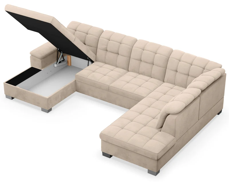Ecksofa mit Schlaffunktion Jamaal U-förmig linksseitig mit Stauraum beige hydrophobes Samtvelours