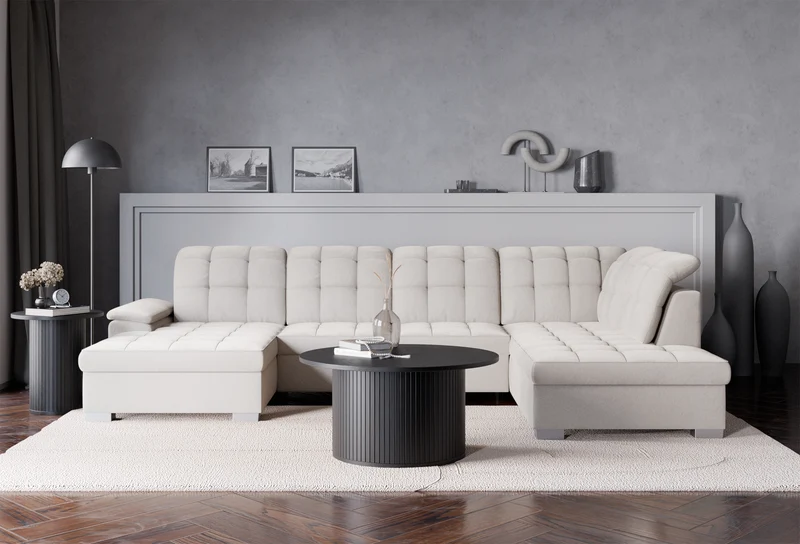 Ecksofa mit Schlaffunktion Jamaal U-förmig linksseitig mit Stauraum, grau-beiger hydrophober Samt