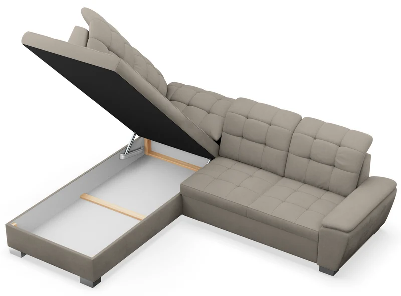 Ecksofa mit Schlaffunktion Jamaal, L-förmig, linksseitig, mit Stauraum, grau-beige Flechtoptik
