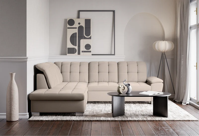 Ecksofa mit Schlaffunktion Jamaal, L-förmig, linksseitig, mit Stauraum, beige Flechtoptik
