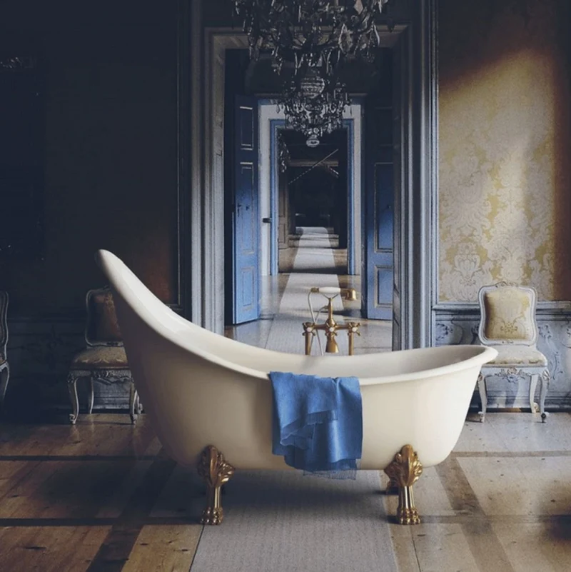 Casa Padrino Jugendstil Badewanne Weiß / Gold 180 cm - Freistehende Retro Stil Badewanne