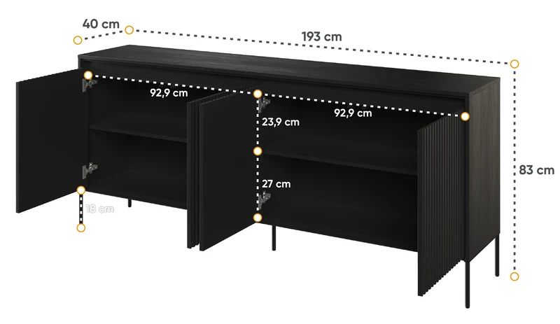 Niedriger vier­türiger Trend-Kommode 193 cm mit LED Schwarz