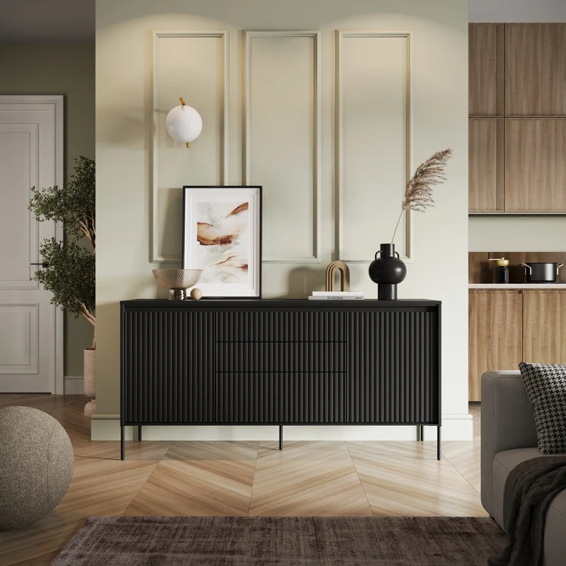 Trend 166 cm zweitürige Kommode mit drei LED-Schubladen Schwarz
