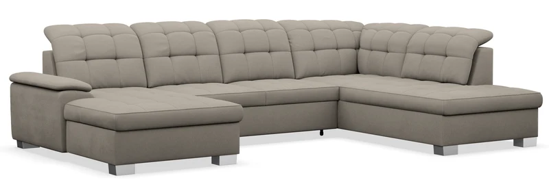 Ecksofa mit Schlaffunktion Jamaal U-förmig linksseitig mit Stauraum in grau-beigem Flechtmuster