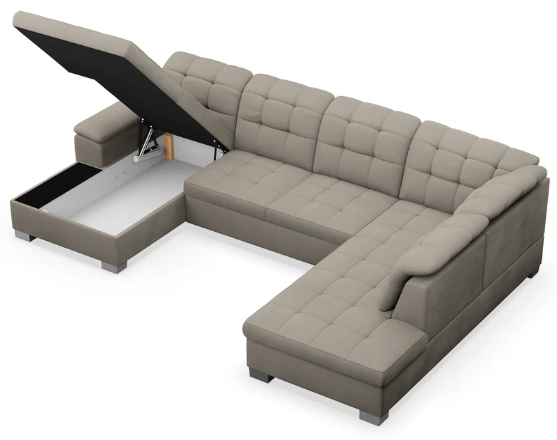 Ecksofa mit Schlaffunktion Jamaal U-förmig linksseitig mit Stauraum in grau-beigem Flechtmuster