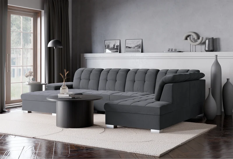 Ecksofa mit Schlafunktion Jamaal U-förmig linksseitig mit Stauraum dunkelgrauer hydrophober Samt