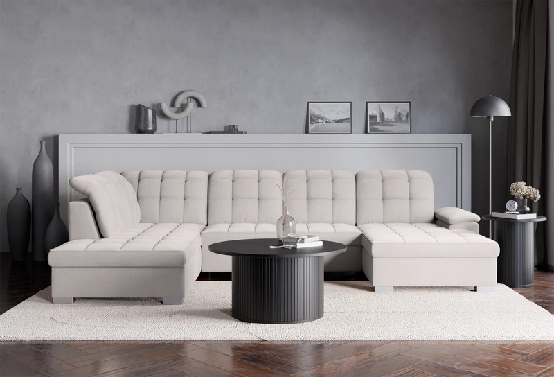 Ecksofa mit Schlaffunktion Jamaal, U-förmig, rechtsseitig, mit Stauraum, hellgrauer hydrophober Samt
