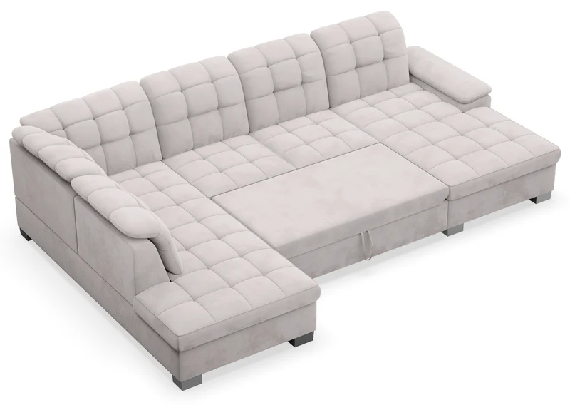 Ecksofa mit Schlaffunktion Jamaal, U-förmig, rechtsseitig, mit Stauraum, hellgrauer hydrophober Samt