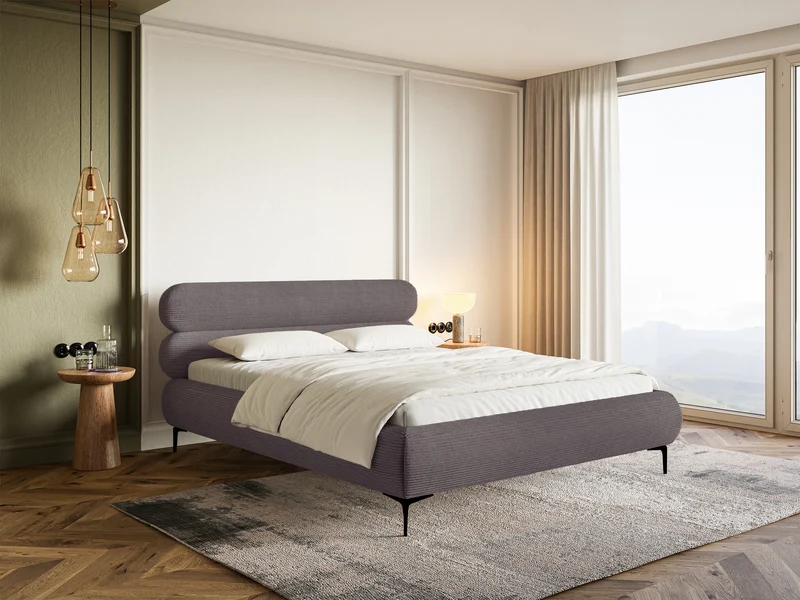 Polsterbett 160x200 cm Roule Cord mit Stauraum, Metallrahmen, brauner Cordstoff, schwarze Füße