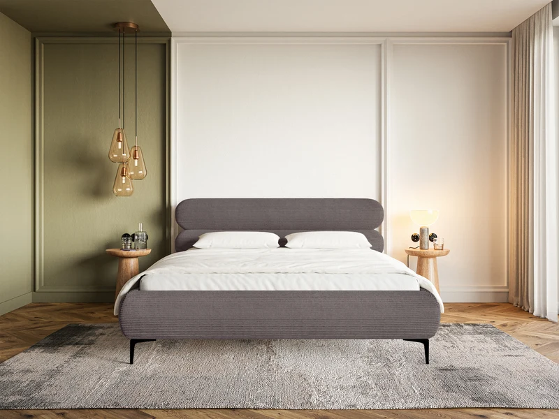 Polsterbett 160x200 cm Roule Cord mit Stauraum, Metallrahmen, brauner Cordstoff, schwarze Füße
