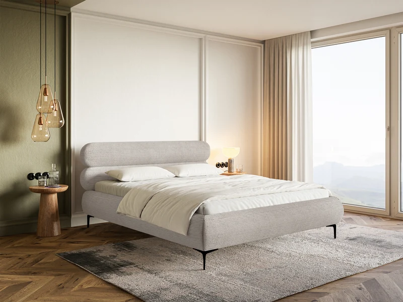 Gepolstertes Bett 140x200 cm Roule Cord mit Stauraum, Metallrahmen, grau-beiges Cord, schwarze Füße