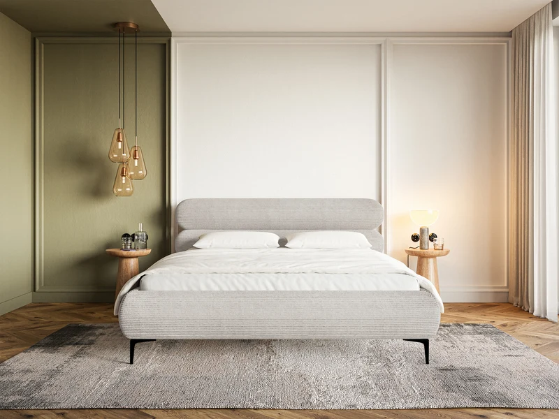 Gepolstertes Bett 140x200 cm Roule Cord mit Stauraum, Metallrahmen, grau-beiges Cord, schwarze Füße