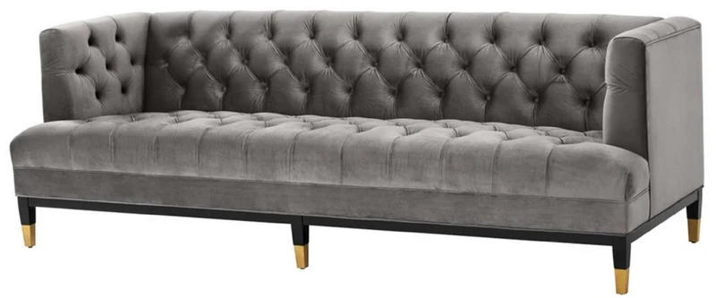Casa Padrino Luxus Wohnzimmer Sofa Grau / Schwarz / Messingfarben 230 x 85 x H. 79 cm - Chesterfield Samtsofa