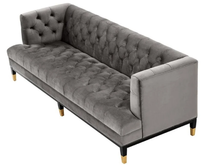 Casa Padrino Luxus Wohnzimmer Sofa Grau / Schwarz / Messingfarben 230 x 85 x H. 79 cm - Chesterfield Samtsofa