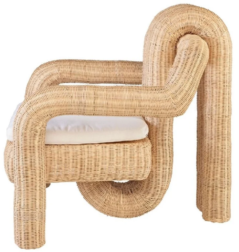 Casa Padrino Luxus Rattan Sessel mit Kissen Naturfarben 82,5 x 92 H. 95 cm - Wohnzimmer Sessel - Hotel Sessel - Wohnzimmer Möbel - Hotel Möbel - Luxus Möbel - Rattan Möbel