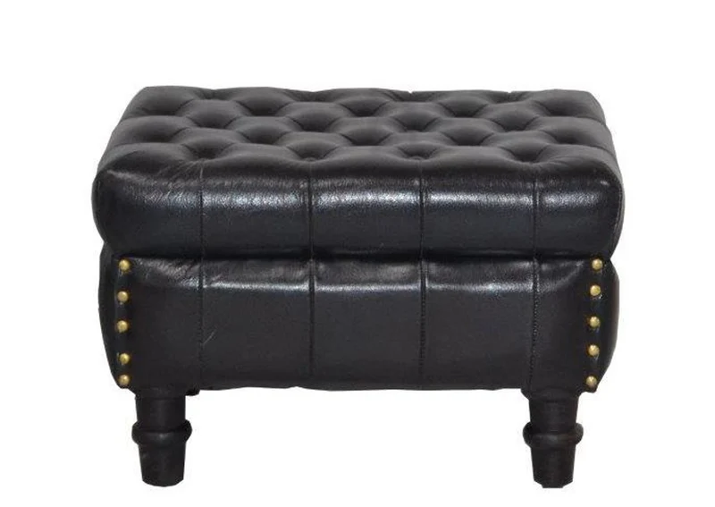 Casa Padrino Echtleder Hocker Schwarz 50 x 40 x H. 35 cm - Luxus Chesterfield Fußhocker im Vintage Design
