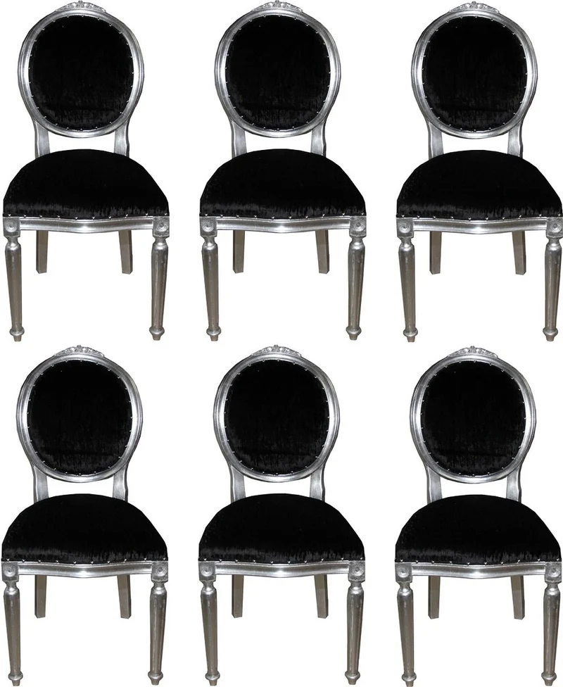 Casa Padrino Luxus Barock Esszimmer Set Medaillon Schwarz / Silber 50 x 52 x H. 99 cm - 6 handgefertigte Esszimmerstühle - Barock Esszimmermöbel