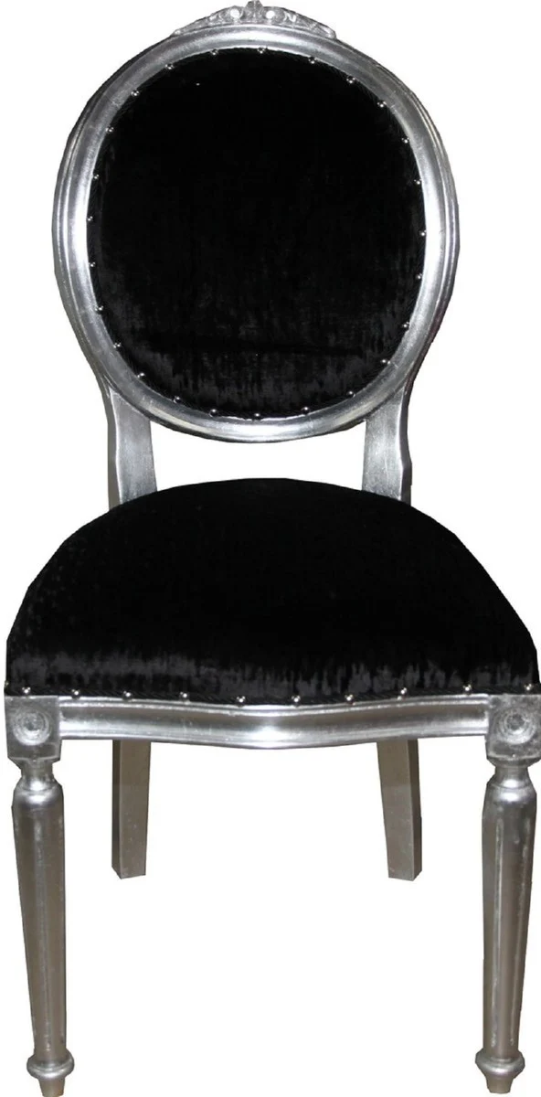 Casa Padrino Luxus Barock Esszimmer Set Medaillon Schwarz / Silber 50 x 52 x H. 99 cm - 6 handgefertigte Esszimmerstühle - Barock Esszimmermöbel