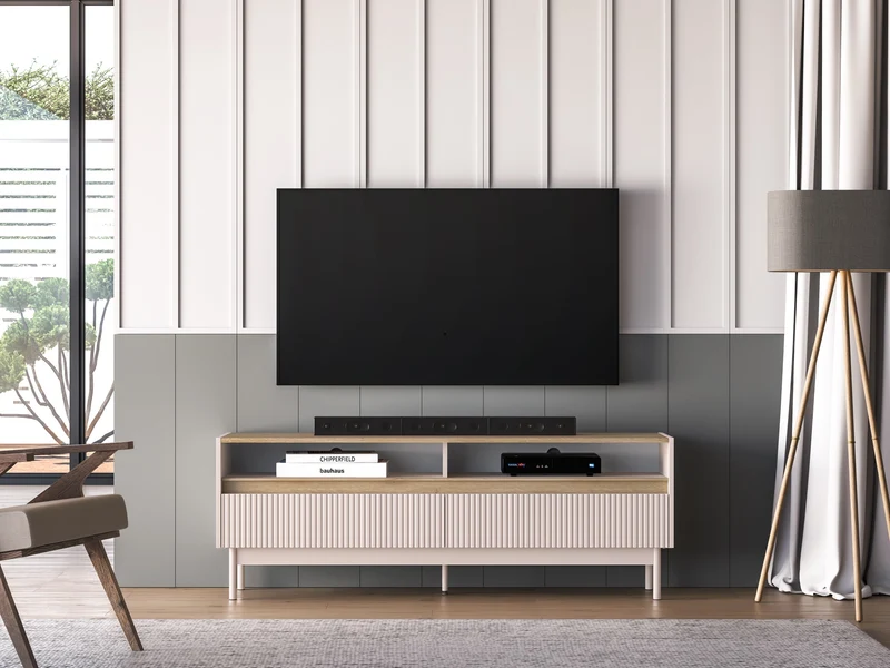 TV-Schrank Dunea mit zwei Schubladen und Fächern, 154 cm, Kaschmir/Eiche
