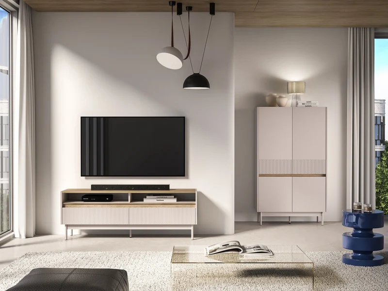 TV-Schrank Dunea mit zwei Schubladen und Fächern, 154 cm, Kaschmir/Eiche