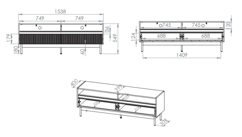 TV-Schrank Dunea mit zwei Schubladen und Fächern, 154 cm, Kaschmir/Eiche