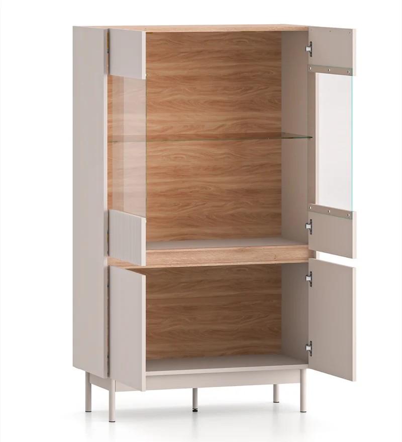 Vitrine mit vier Türen Dunea, verglast mit Beleuchtung, 92 cm, Kaschmir/Eiche