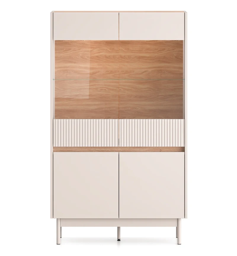 Vitrine mit vier Türen Dunea, verglast mit Beleuchtung, 92 cm, Kaschmir/Eiche