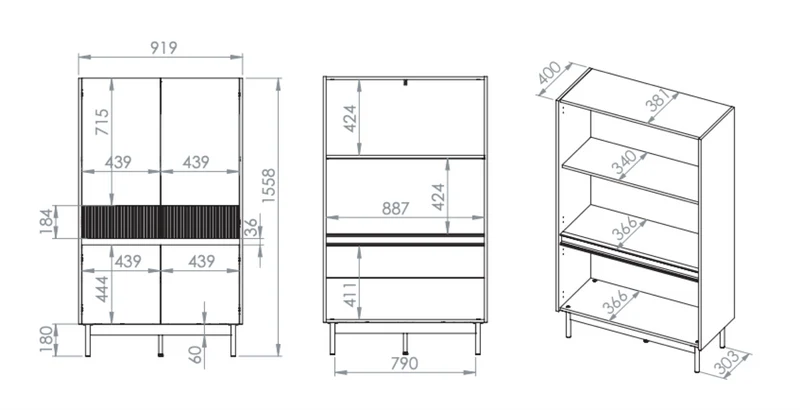 Hohe Kommode mit vier Türen Dunea 92 cm Kaschmir/Eiche