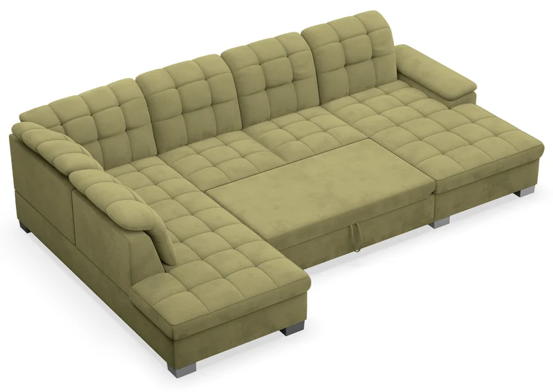 Ecksofa mit Schlaffunktion Jamaal U-förmig rechtsseitig mit Stauraum olivgrüner, hydrophober Samt
