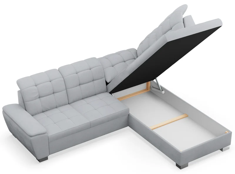 Ecksofa mit Schlaffunktion Jamaal, L-förmig, rechts, mit Stauraum, hellgraues Geflecht