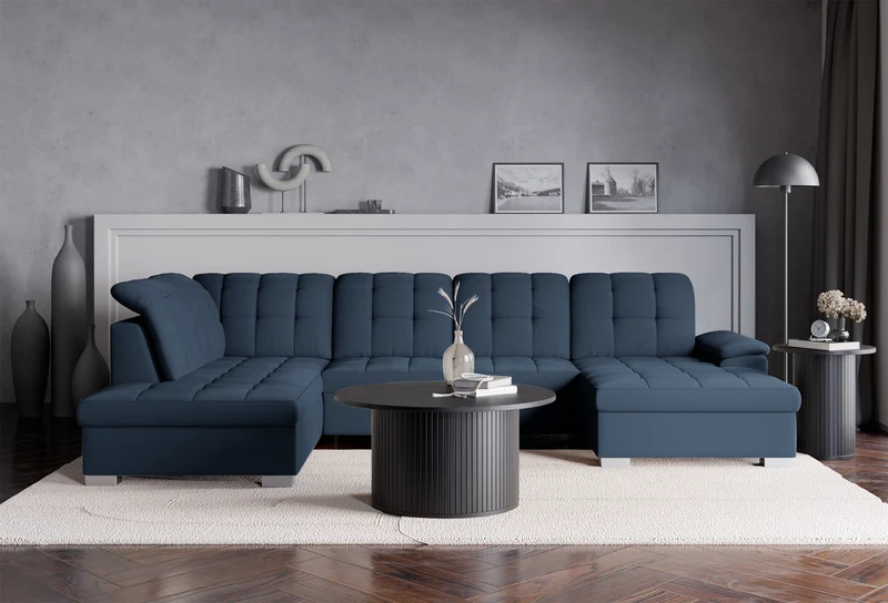 Ecksofa mit Schlaffunktion Jamaal U-förmig, rechtsseitig, mit Stauraum, marineblauer Flechtstoff