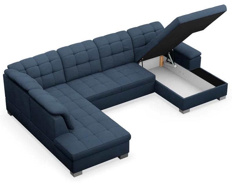 Ecksofa mit Schlaffunktion Jamaal U-förmig, rechtsseitig, mit Stauraum, marineblauer Flechtstoff