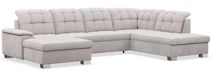 Ecksofa mit Schlaffunktion Jamaal U-förmig linksseitig mit Stauraum, hellgrauer hydrophober Samt