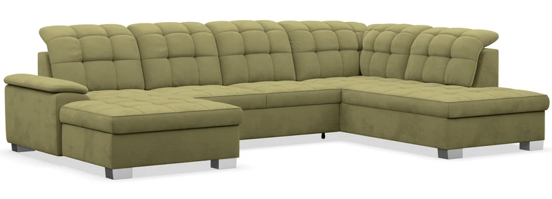 Ecksofa mit Schlaffunktion Jamaal U-förmig linksseitig mit Stauraum olivgrüner, wasserabweisender Samtvelours