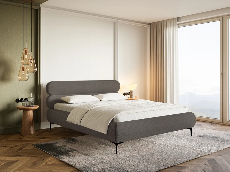 Gepolstertes Bett 140x200 cm Roule Cord mit Stauraum, Metallrahmen, grauer Cord, schwarze Beine