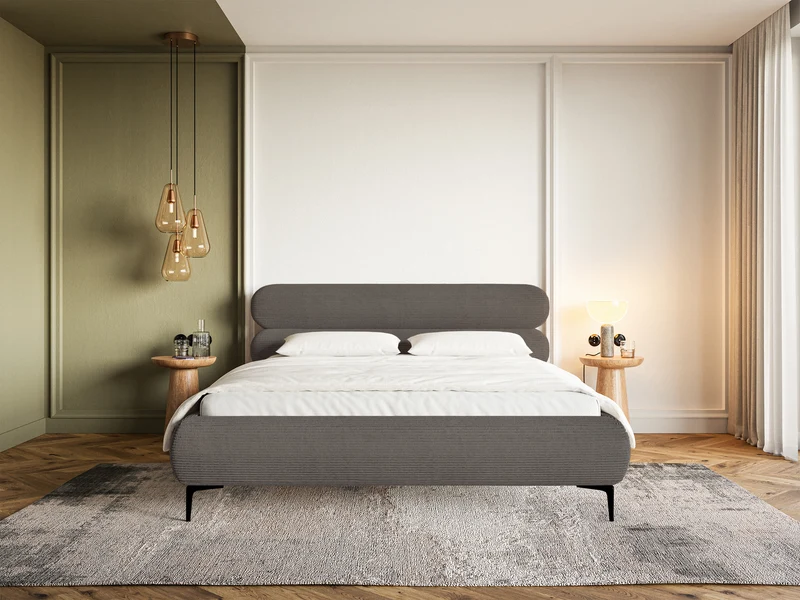 Gepolstertes Bett 140x200 cm Roule Cord mit Stauraum, Metallrahmen, grauer Cord, schwarze Beine