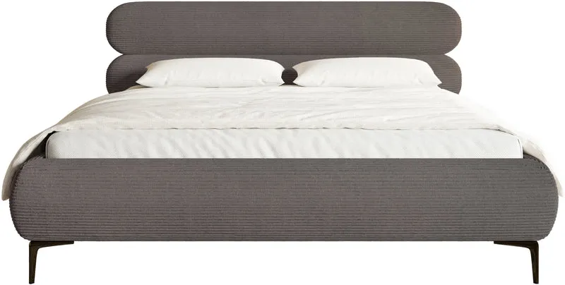 Gepolstertes Bett 140x200 cm Roule Cord mit Stauraum, Metallrahmen, grauer Cord, schwarze Beine
