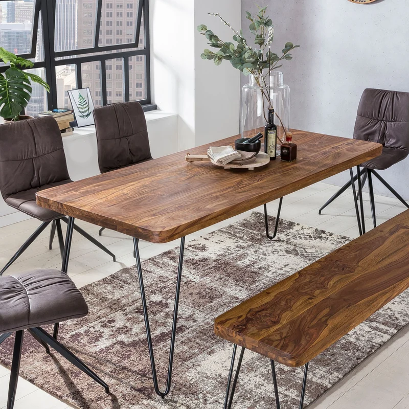 Esstisch BAGLI 120cm Sheesham Massivholz Metallbeine Landhaus Braun