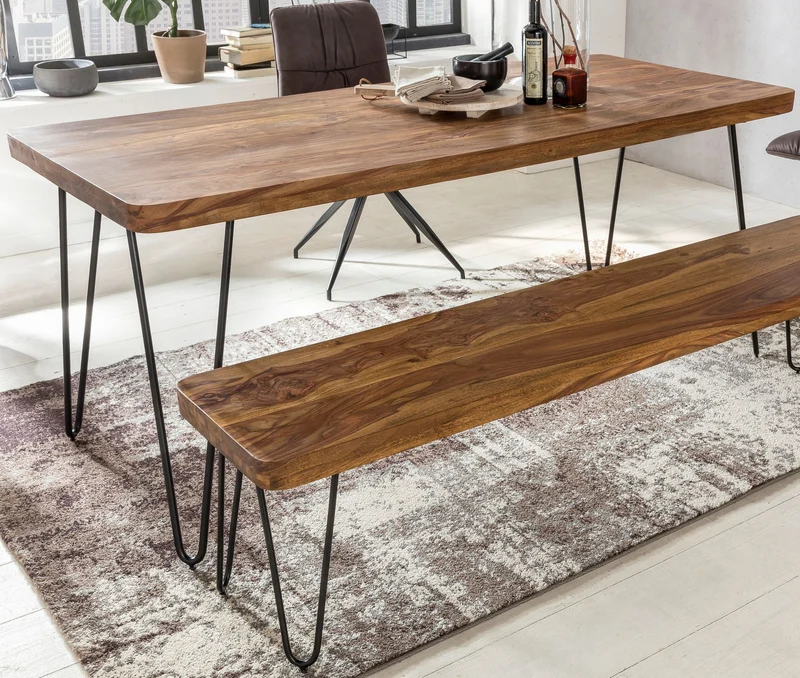 Esstisch BAGLI 200x80x76cm Sheesham Massivholz Metallbeine Landhausstil