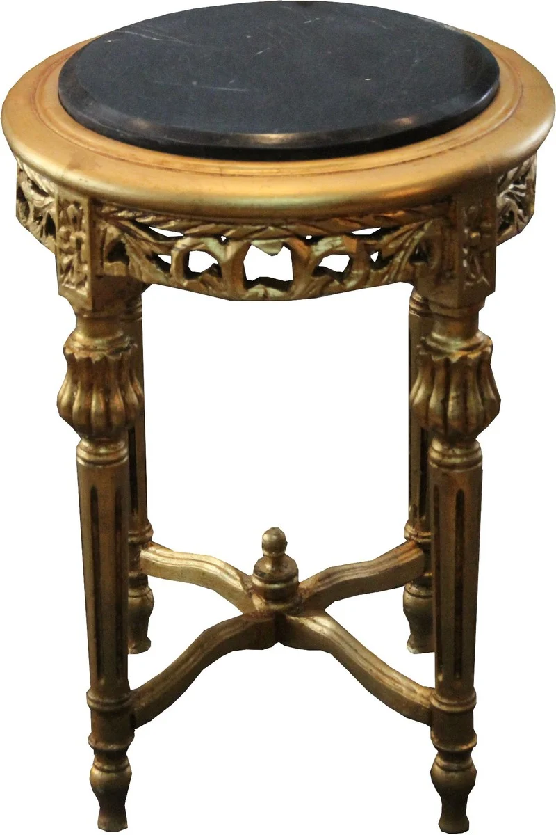 Casa Padrino Barock Beistelltisch Rund Gold / Schwarz mit Marmorplatte 37 cm x H. 53 cm Antik Stil