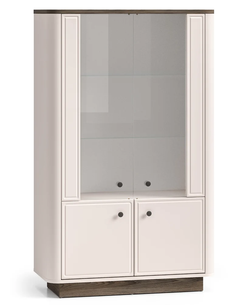 Niedriger Vitrinenschrank Vilavio mit vier Türen und Beleuchtung, 92 cm, Kaschmir/Eiche Windmill Dark