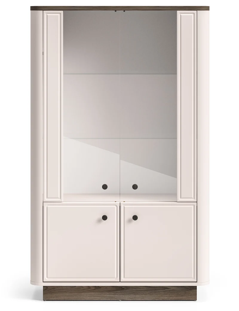 Niedriger Vitrinenschrank Vilavio mit vier Türen und Beleuchtung, 92 cm, Kaschmir/Eiche Windmill Dark
