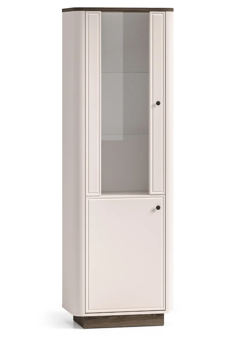 Hohe Vitrine Vilavio mit zwei Türen und Beleuchtung, 65 cm, Kaschmir/Eiche Windmill Dark