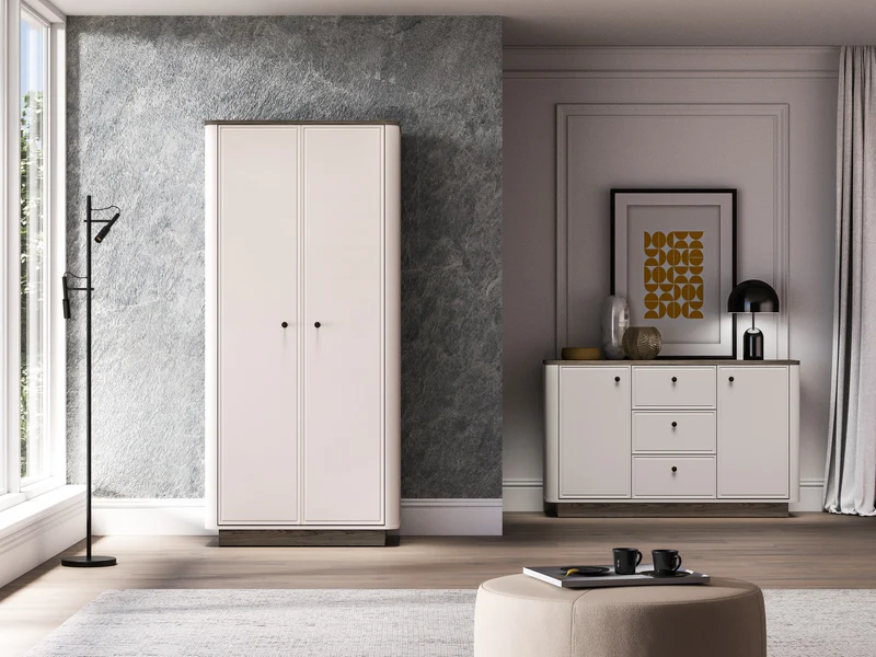 Zweittüriger Kleiderschrank Vilavio mit Kleiderstange und Regalen 92 cm Kaschmir/Eiche Windmill Dark