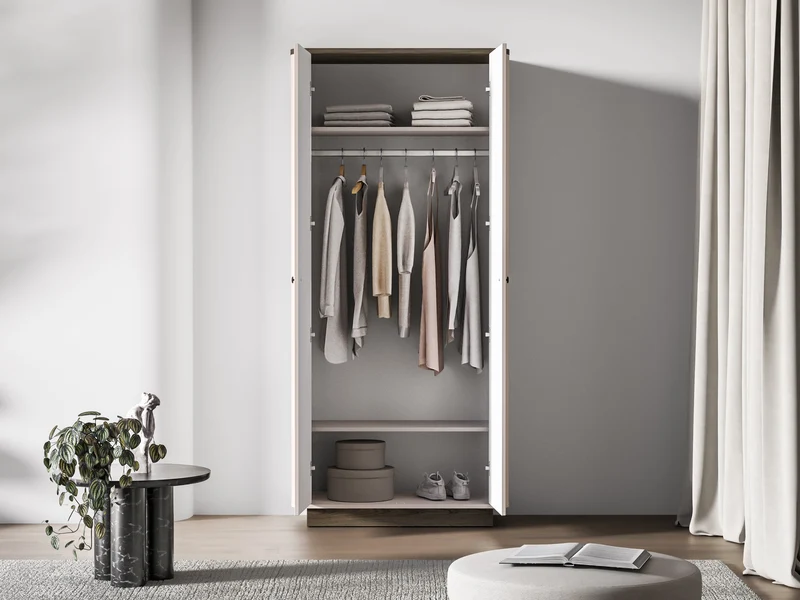 Zweittüriger Kleiderschrank Vilavio mit Kleiderstange und Regalen 92 cm Kaschmir/Eiche Windmill Dark