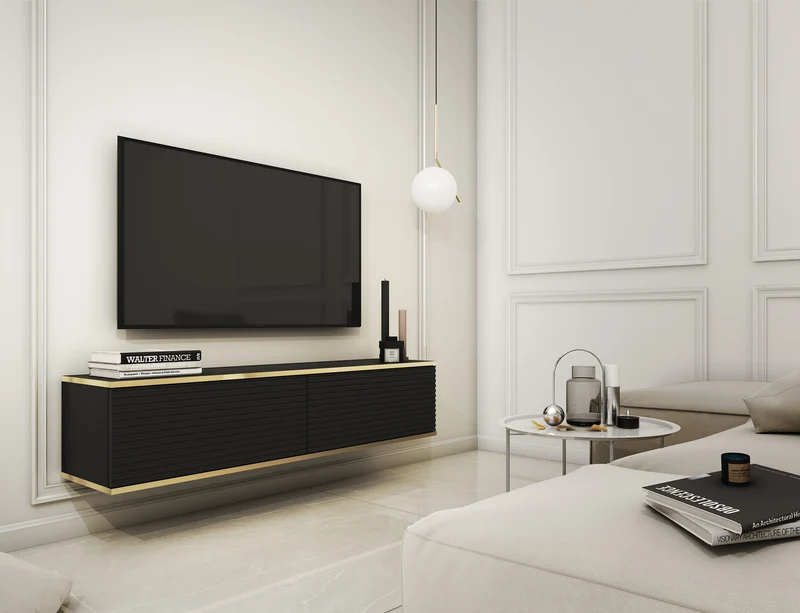 TV-Schrank Mucalma 135 cm schwarz mit goldenen Lamellen-Akzenten
