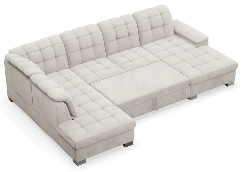 Ecksofa mit Schlaffunktion Jamaal, U-förmig, rechtsseitig, mit Stauraum, grau-beiger hydrophober Samt