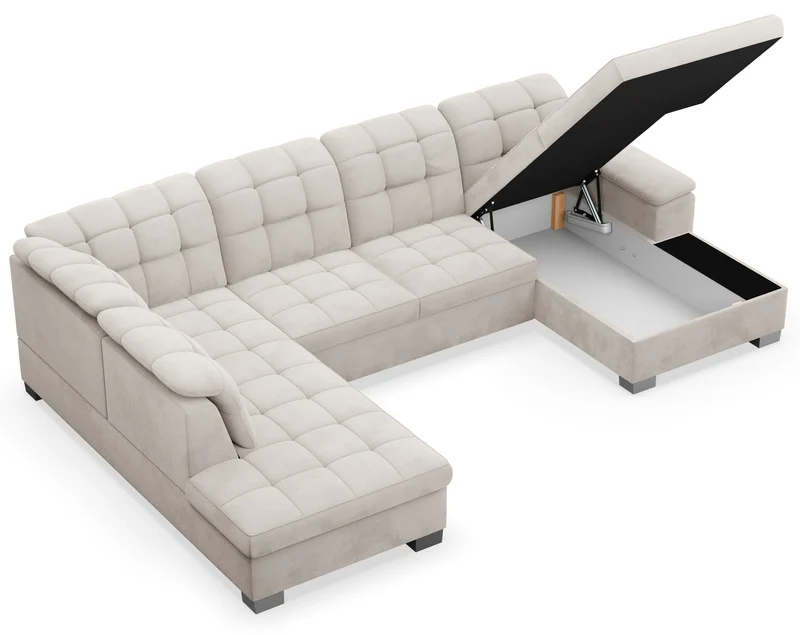 Ecksofa mit Schlaffunktion Jamaal, U-förmig, rechtsseitig, mit Stauraum, grau-beiger hydrophober Samt