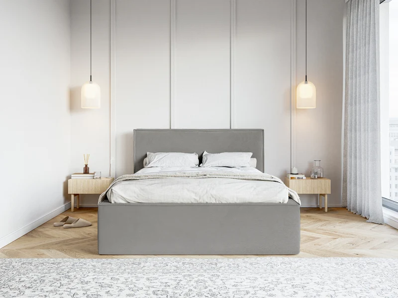 Gepolstertes Bett 140x200 cm Lucera mit Stauraum, grauer hydrophober Samt