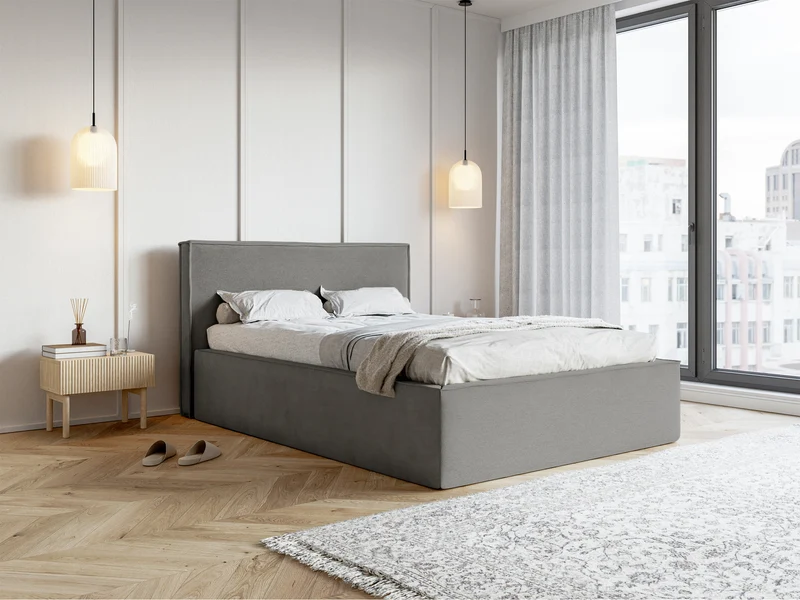 Gepolstertes Bett 140x200 cm Lucera mit Stauraum, grauer hydrophober Samt